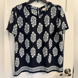 Loft Navy White Sheer Floral Tree Medium Short Sleeve Women’s Top